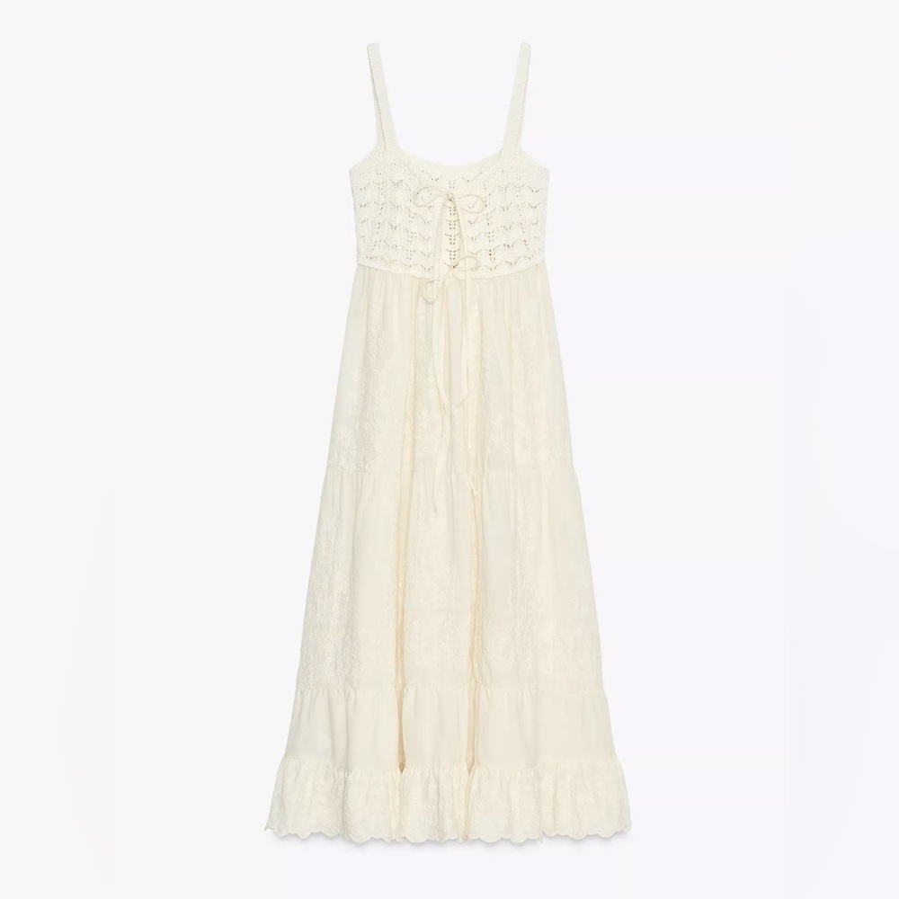 Zara Contrasting Embroidered Knit Dress Cotton Blend Tie Back NWT L Cottagecore - Picture 6 of 13